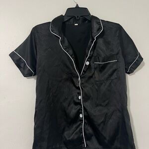 Black Satin Short Sleeve Pajama Top with Matching Bottoms